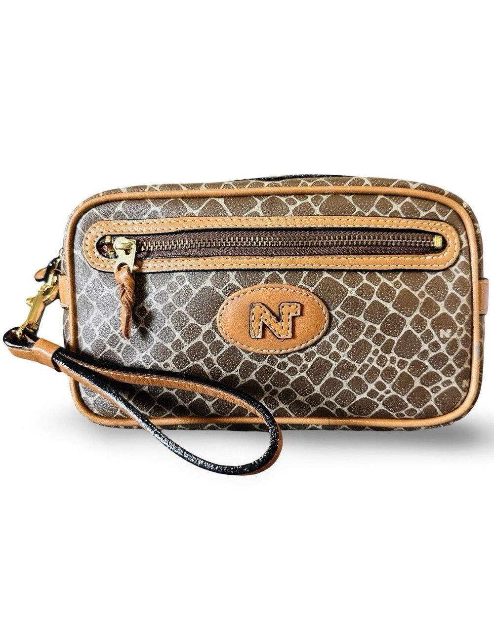 Nina Ricci monogram Wristlet Bag Pouch brown/tan good condition